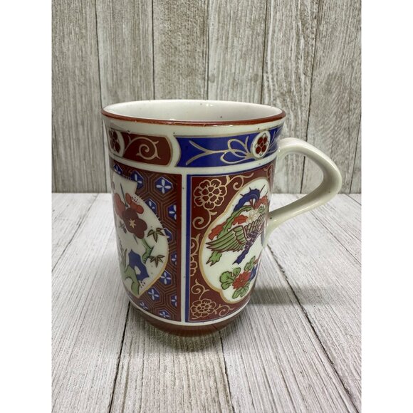 Vtg Japan Imari Coffee Tea Mugs Cups Speckled Stoneware Floral Peacock Set of 6 - Picture 5 of 10